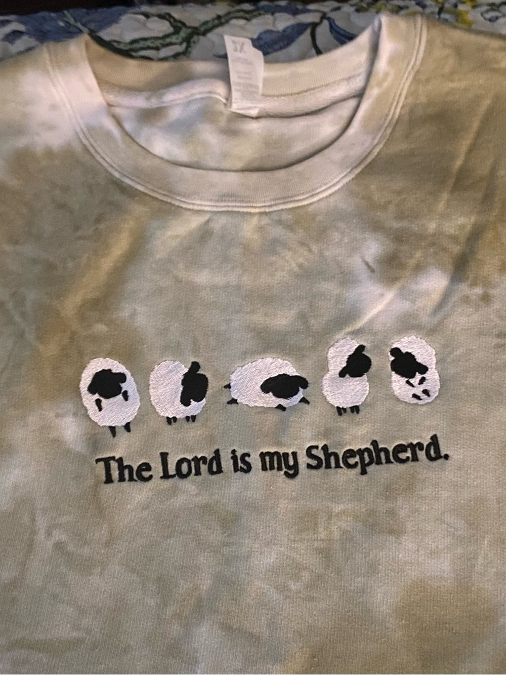 Women's Green Tie-Dye Sweatshirt with Sheep Graphic - Religious Message